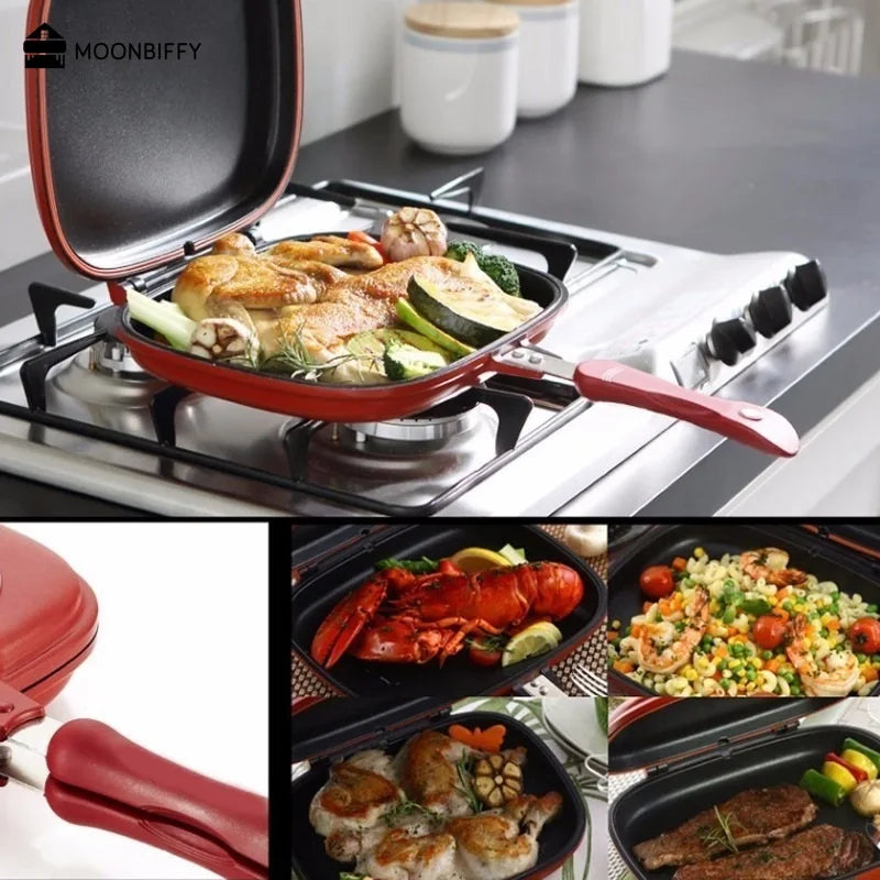 28CM Double-Sided Frying Pan Non-Stick Portable BBQ Grill Pan Flip Barbecue Cooking Tool Cookware Stove Cast Grill Cooker ACOM Electronics