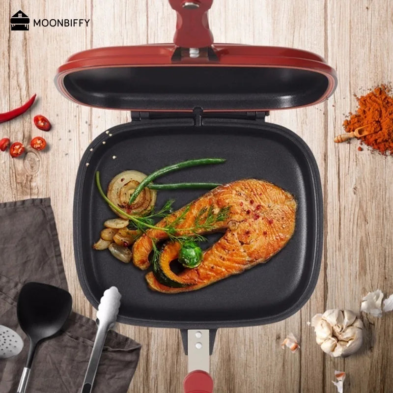 28CM Double-Sided Frying Pan Non-Stick Portable BBQ Grill Pan Flip Barbecue Cooking Tool Cookware Stove Cast Grill Cooker ACOM Electronics