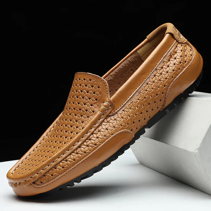 2023 Summer Men Casual Shoes Luxury Brand Genuine Leather Mens Loafers Moccasins Hollow Out Breathable Slip on Driving Shoes ACOM Electronics