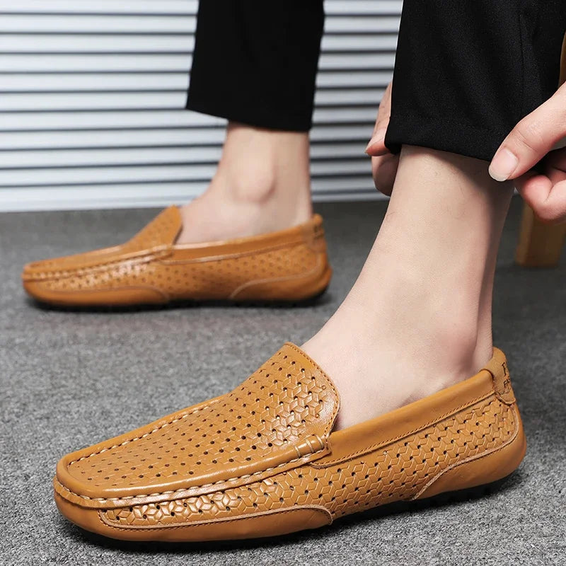 2023 Summer Men Casual Shoes Luxury Brand Genuine Leather Mens Loafers Moccasins Hollow Out Breathable Slip on Driving Shoes ACOM Electronics