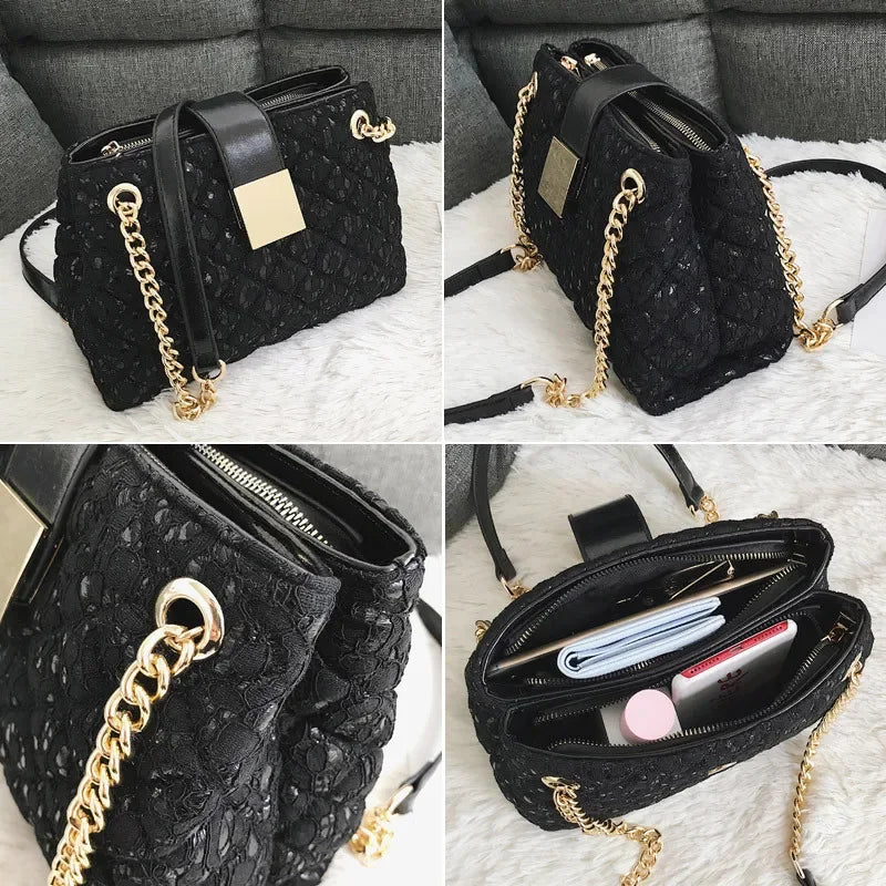 Lace Women's handbag Diamond pattern chain Shoulder bag for Women's Totes  pu leather Ladies crossbody bags bolsa feminina black ACOM Electronics