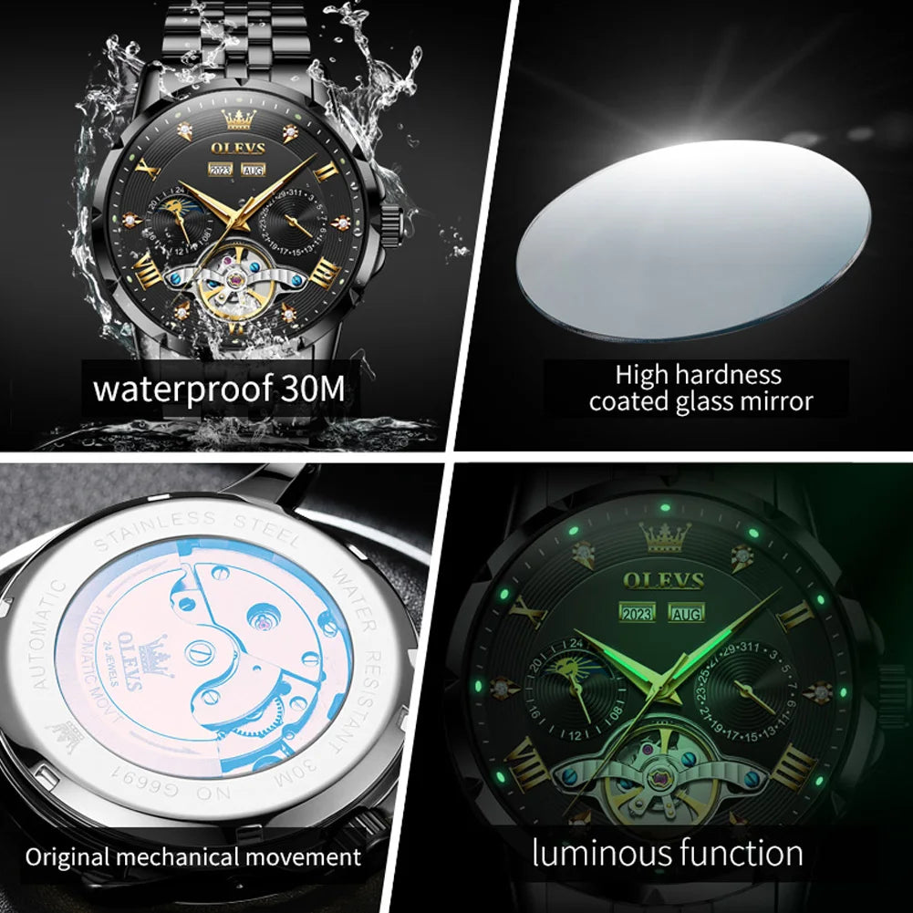 OLEVS 6691 Men's Automatic Mechanical Wristwatch Luxury Skeleton Flywheel Design Moon Phase Waterproof Original Brand Man Watch ACOM Electronics