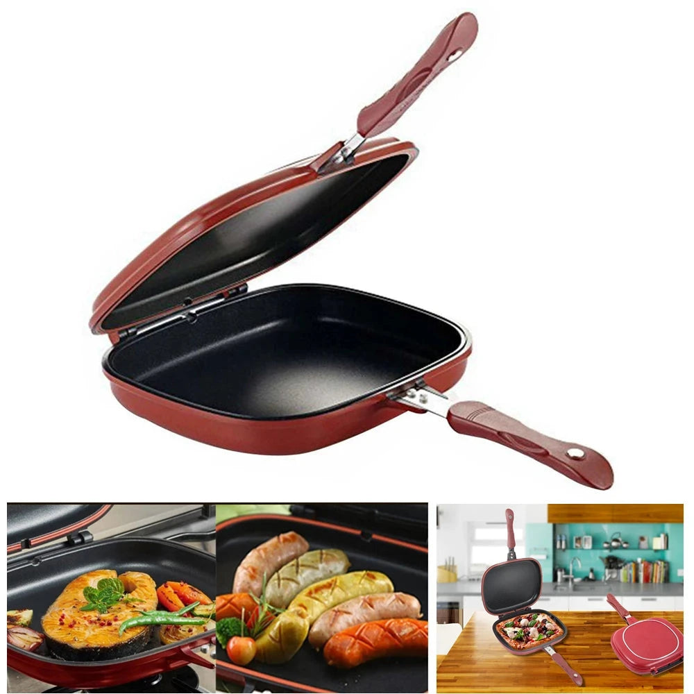 28CM Double-Sided Frying Pan Non-Stick Portable BBQ Grill Pan Flip Barbecue Cooking Tool Cookware Stove Cast Grill Cooker ACOM Electronics