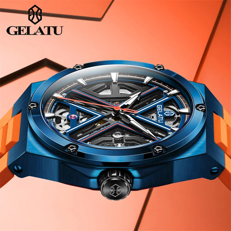 GELATU Mechanical Watch for Men Skeleton Automatic Wrist Watch Luminous 5ATM Waterproof Blue Steel Case Reloj Hombre ACOM Electronics