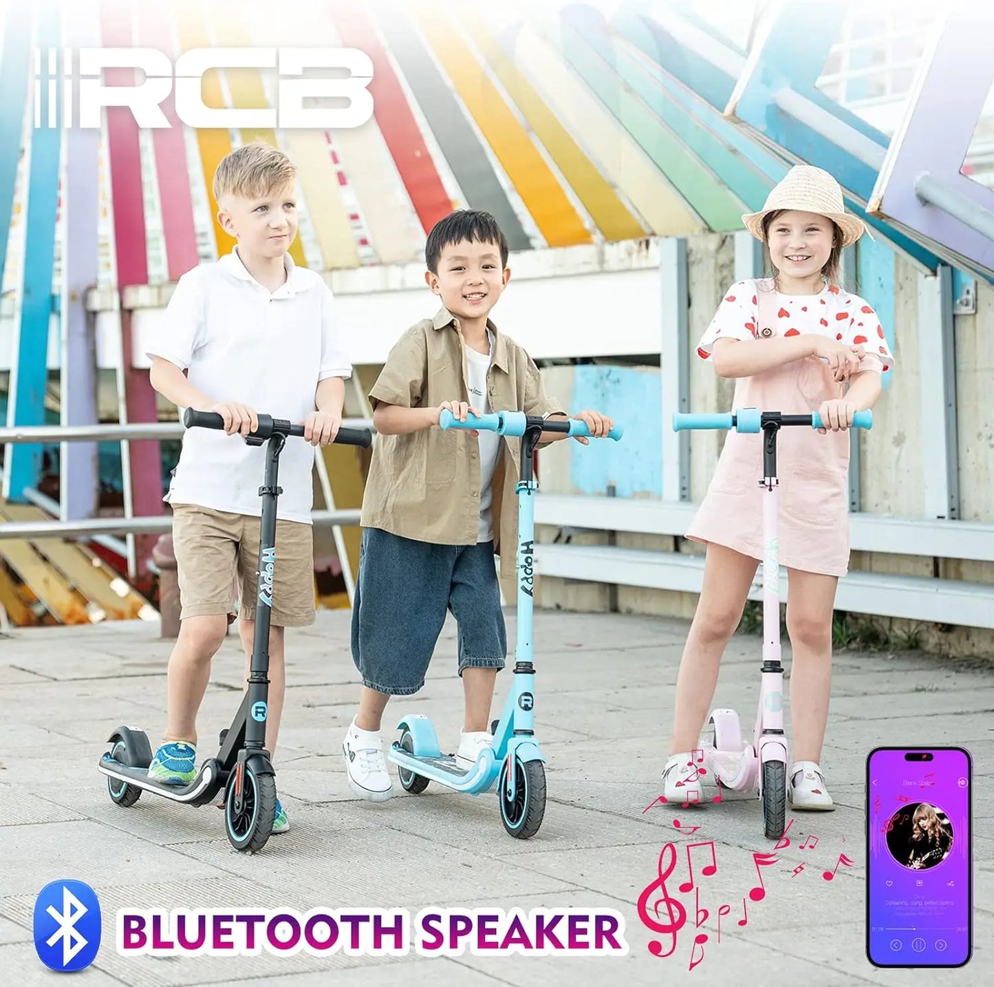 RCB Electric Scooter for Kids, 150W Motor - Max 9.3mph - Bluetooth Speaker - Colorful LED Lights - Foldable - LED Display ACOM Electronics