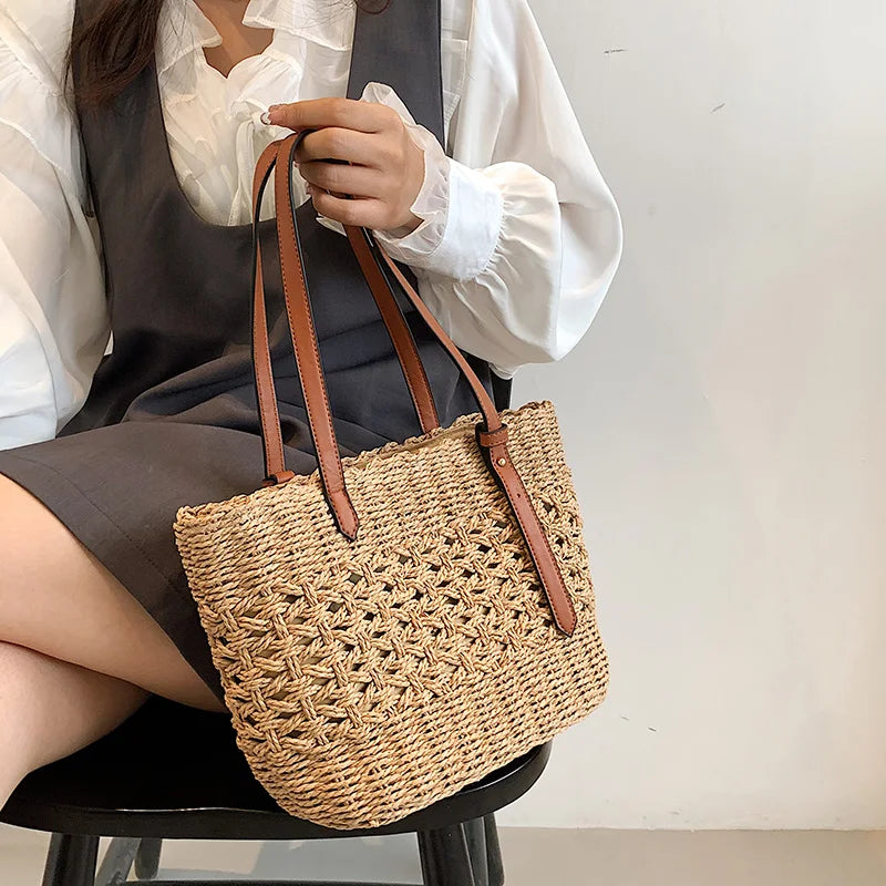 Sac à Tressage en Paille Tendance pour Femmes - Sac à Main de Luxe, Sac à Épaule Mode ACOM Electronics