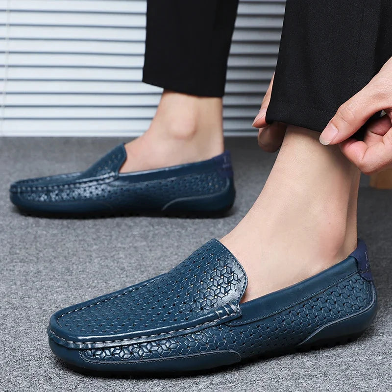 2023 Summer Men Casual Shoes Luxury Brand Genuine Leather Mens Loafers Moccasins Hollow Out Breathable Slip on Driving Shoes ACOM Electronics