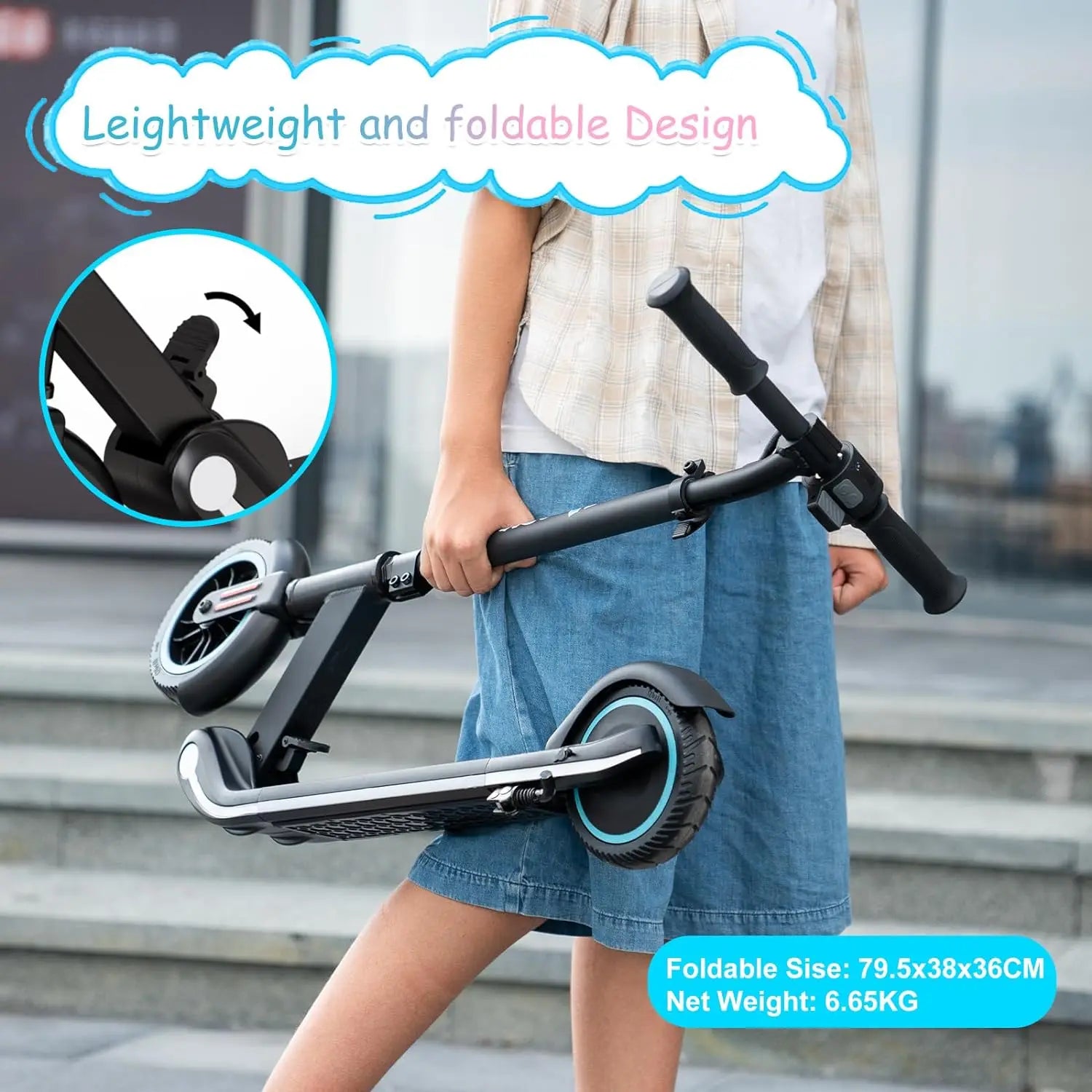 RCB Electric Scooter for Kids, 150W Motor - Max 9.3mph - Bluetooth Speaker - Colorful LED Lights - Foldable - LED Display ACOM Electronics