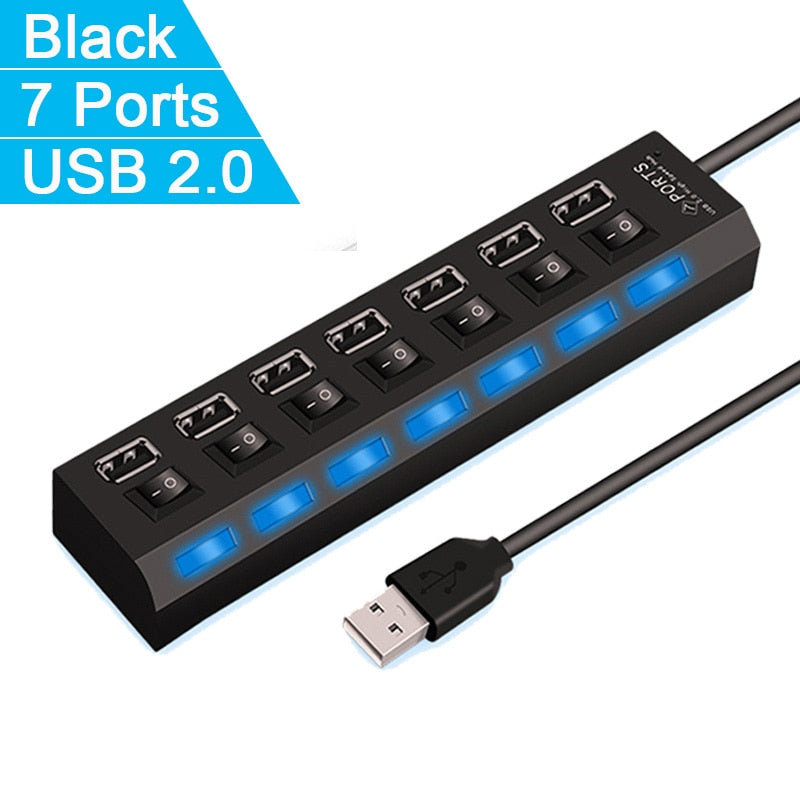 High Speed 4/7 Ports USB HUB 2.0 Adapter Expander Multi USB Splitter Multiple Extender with LED Lamp Switch for PC Laptop ACOM Electronics