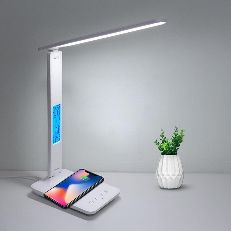 LAOPAO 10W QI Wireless Charging LED Desk Lamp With Calendar Temperature Alarm Clock Eye Protect Study Business Light Table Lamp - ACOM Electronics